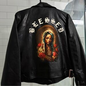 Black Leather Jacket with Religious Artwork PLEASE READ DESCRIPTION